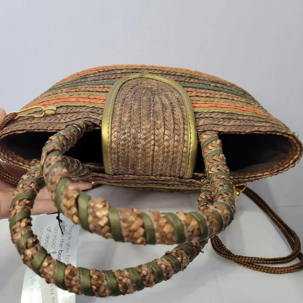 Vintage 90s Striped Straw Shoulder Hand Bag Multicolor Boho Beachy Vacation, New